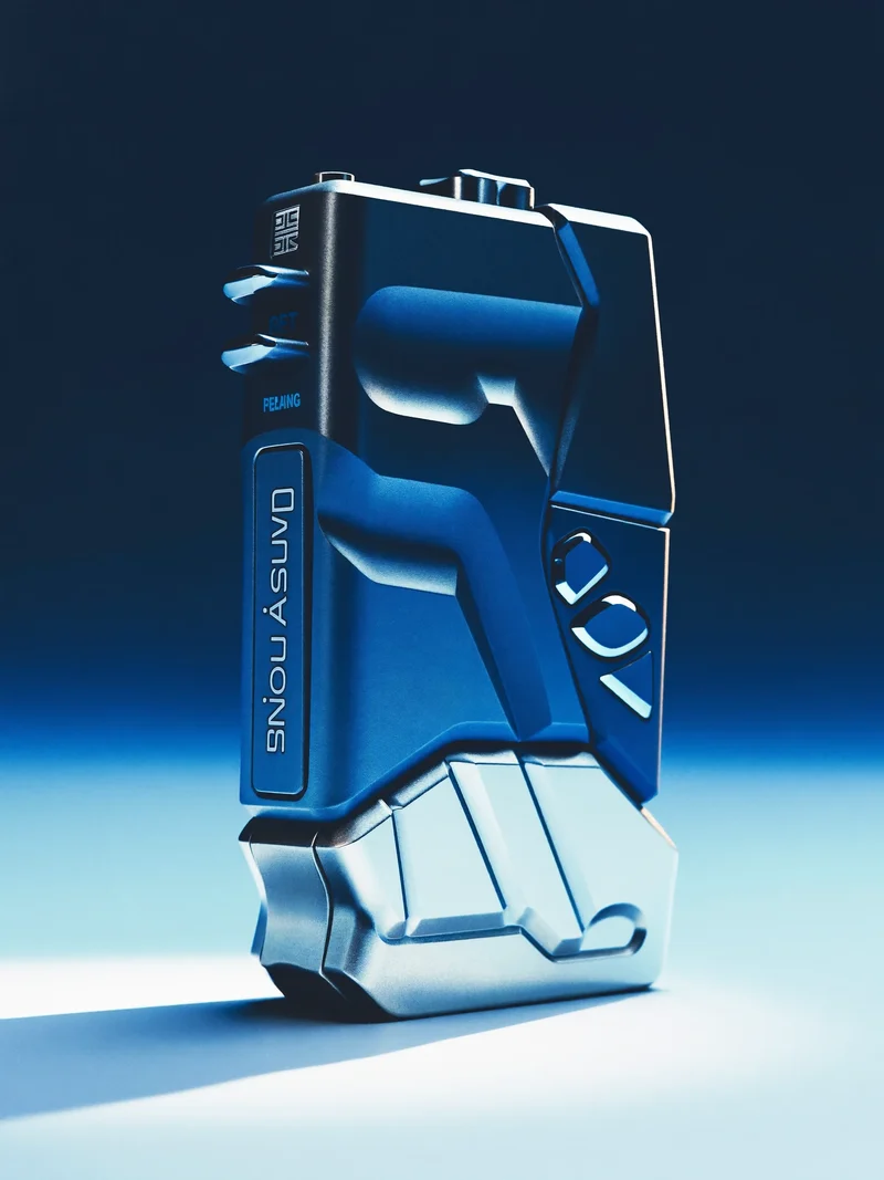 Illustration: skulpturaler Portable-Lautsprecher ohne Logo, rein fiktive Konzeptstudie
